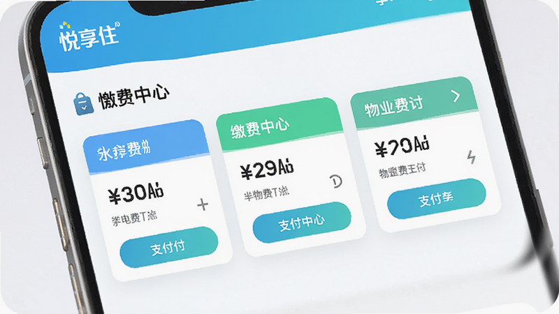 主体为悦享住APP的'缴费中心'界面,布局为卡片式设计,展示水电费、物业费三个主要模块,排版整齐,风格为清新简约,细节包含金额数字与支付按钮,文字清晰可见'悦享住'标识,画质细腻,色彩明快,无多余装饰元素