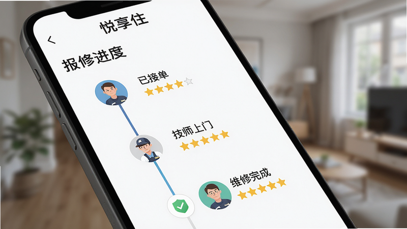 主体为手机屏幕特写,显示悦享住APP的'报修进度'页面,布局为垂直时间轴设计,排版清晰展示'已接单'、'技师上门'、'维修完成'三个节点,风格为写实UI设计,细节包含技师头像与评价星星,文字显示'悦享住'logo,画质高清,光影自然,背景虚化突出主体