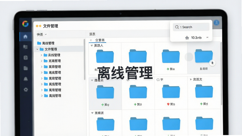 主体为文件管理界面预览,布局清晰展示文件夹结构,排版为列表与网格切换视图,风格简约商务,细节体现快速搜索功能,画质细腻,干净,文字