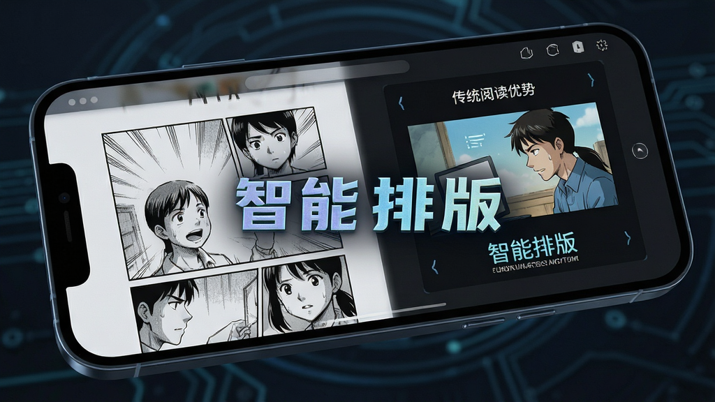 主体为手机屏幕特写,布局展示漫画页面自动调整过程,排版对比传统阅读器优势,风格科技感强,细节呈现文字与画面完美融合,画质高清,干净,文字