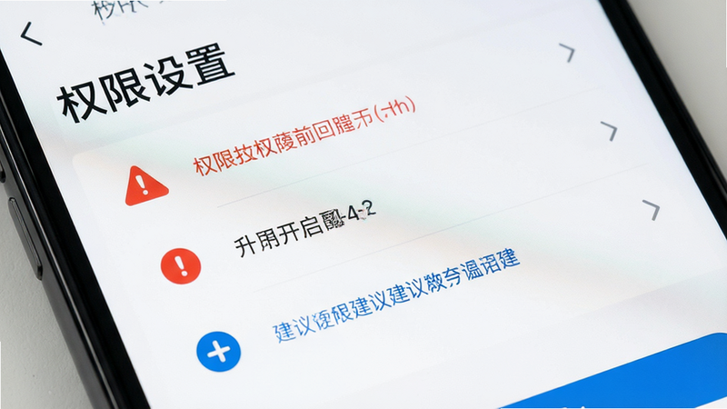 主体为手机设置界面特写,布局展示权限开启步骤,排版为步骤指引风格,风格简洁直观,细节突出红色警示与蓝色建议,画质高清,干净,文字