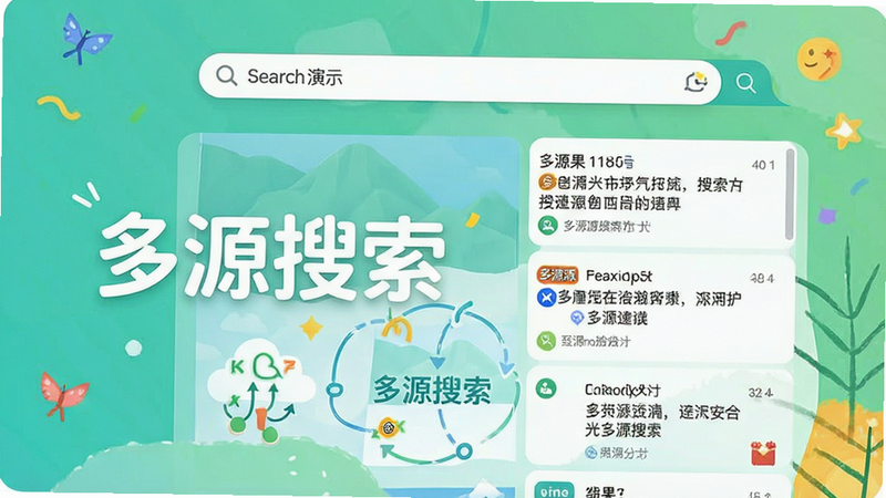 主体为搜索界面演示,布局突出搜索框与结果列表,排版为瀑布流展示,风格清新活泼,细节显示多源标识,画质清晰,干净,文字