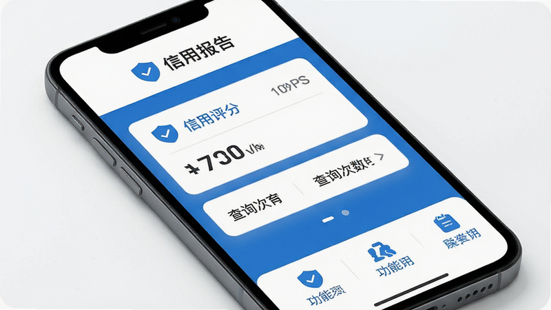 主体为智能手机屏幕展示信用报告查询APP界面,布局清晰分为顶部Logo区、中部核心数据卡片(显示信用评分和查询次数)、底部功能入口栏,排版采用扁平化设计,风格现代简约商务蓝白色调,细节处有盾牌图标象征安全,画质高清4k,干净无多余元素,文字清晰可见