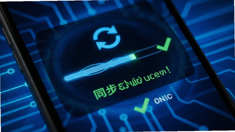 主体为手机屏幕特写,展示数据加载进度条和同步成功提示,布局聚焦于屏幕中央的状态反馈区域,排版紧凑有序,风格科技感蓝色光效背景,细节包含动态刷新图标和绿色对勾标记,画质细腻,清晰呈现数据交互过程,无杂乱背景