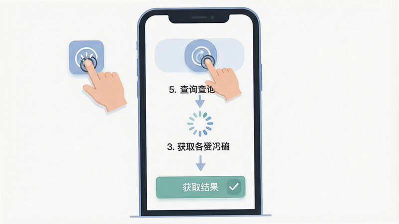 主体为手机操作界面流程图,展示从点击查询到获取结果的步骤,布局垂直排列,排版清晰步骤化,风格扁平化教程插画风,细节包含手指点击图标和加载动画,画质清晰,色彩柔和,直观指引操作流程,无杂乱背景