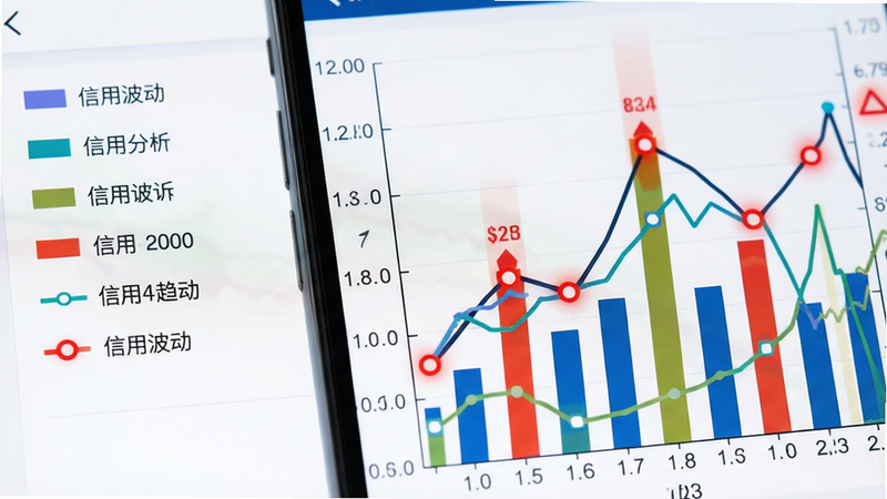 主体为手机界面中的柱状图和折线图组合,布局左侧为图例说明,右侧为数据趋势曲线,排版疏密得当,风格专业财经分析报告风,细节包含坐标轴刻度和高亮预警红色节点,画质锐利,色彩对比鲜明,直观展示信用波动