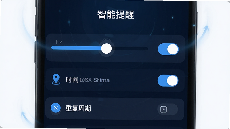 主体为小计划APP的提醒设置界面,布局为滑动条与开关组合,展示时间选择器、地点定位图标、重复周期选项,风格科技感蓝色调,细节包含微交互动画效果,画质清晰,干净,无多余元素,文字