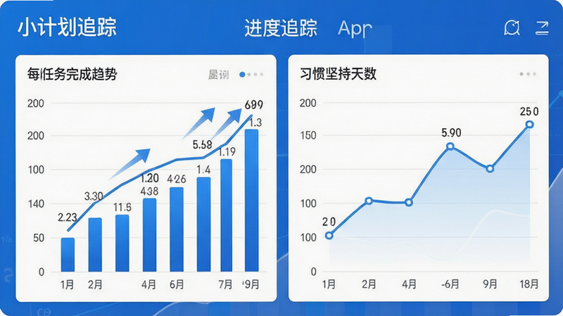 主体为小计划APP的数据统计界面,布局为柱状图与折线图组合,展示每周任务完成趋势、习惯坚持天数,风格商务蓝白配色,细节包含数据标签、趋势箭头,画质高清,干净,无多余元素,文字