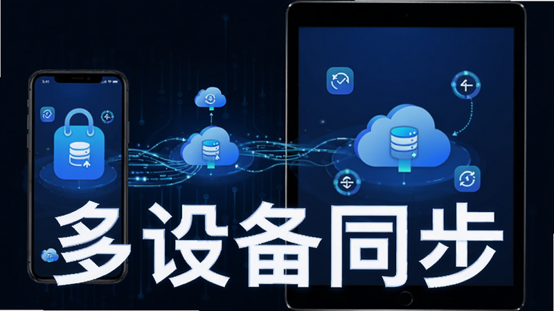 主体为小计划APP的多设备同步示意图,布局为手机与平板并列显示,中间有数据流动线条连接,风格科技蓝,细节包含同步图标、数据云,画质清晰,干净,无多余元素,文字