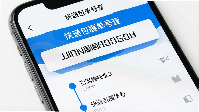 手机屏幕特写,显示“快递包裹单号查”APP界面,顶部清晰展示快递单号,下方为时间轴形式的物流节点列表,背景干净白色,UI风格现代简约,高清,无多余元素