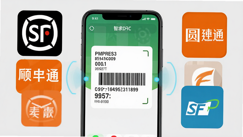 展示“快递包裹单号查”APP的多平台识别功能,屏幕中央显示一个快递单号,周围环绕着顺丰、中通、圆通等快递公司的Logo,图标扁平化设计,色彩鲜明,背景浅灰,清晰展示智能匹配过程