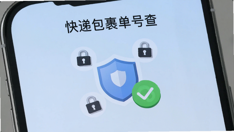 手机屏幕显示“快递包裹单号查”的隐私保护图标,中间是一个盾牌符号,周围环绕着锁形图标和绿色对勾,传达安全、无广告、隐私友好的概念,背景淡蓝色渐变,简洁大方
