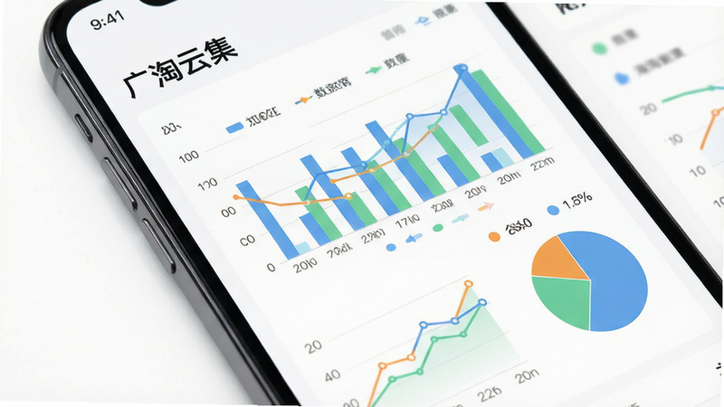 手机屏幕特写,显示“广淘云集”内的数据统计页面,包含柱状图、折线图、饼图,配色清新专业,字体清晰易读,背景纯白,极简风格,高清细节,无杂乱装饰