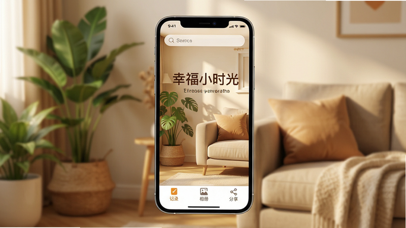 画面中央展示一部现代智能手机,屏幕界面显示“幸福小时光”APP的主页,背景是柔和的暖色调家居环境,有绿植和沙发,界面元素清晰可见,包括“记录”、“相册”、“分享”三个底部标签,顶部有搜索栏,整体风格温馨治愈,高清写实,无杂乱元素,文字清晰,画质细腻,干净
