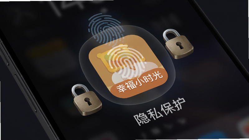 手机锁屏界面,显示指纹识别动画,背景为深色模式下的“幸福小时光”APP图标,周围有锁形图标保护,象征安全与隐私,色调沉稳,细节精致,高清,无多余装饰,文字“隐私保护”清晰可见