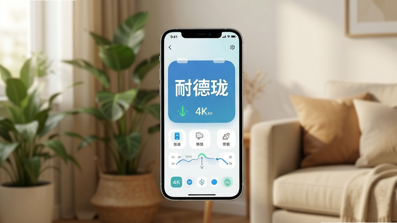 一张高清图片,主体为一部现代智能手机,屏幕显示“耐德珑”APP界面,背景是温馨的客厅绿植角落,布局居中,排版整洁,风格简约清新,细节展示手机与智能设备的连接状态,画质4k,干净,无多余元素