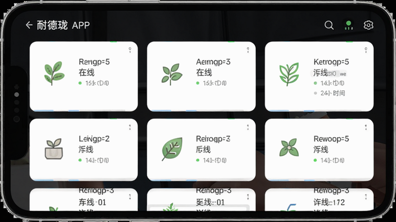 示意图,展示“耐德珑”APP中多设备列表界面,每个设备旁配有不同的植物图标,布局网格状,排版整齐,风格现代简约,细节显示设备在线状态与最后浇水时间,画质清晰,干净,无多余元素