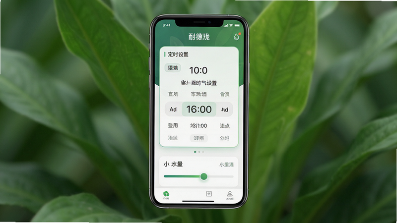 概念图,展示“耐德珑”APP中的定时设置界面,背景虚化为绿色植物叶片,布局清晰,排版有序,风格科技感与自然融合,细节突出时间选择器与水量调节条,画质高清,干净,无多余元素