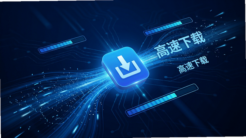 主体为抽象的数据流速度概念图,布局呈现高速线条汇聚于中心APP图标,排版动态感强,风格科技感蓝色调,细节展示光速粒子效果与进度条,画质超清,干净无多余元素,文字内容包含