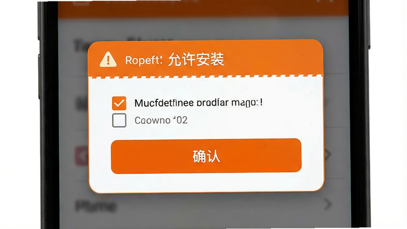主体为手机安装界面提示框,布局居中显示,排版清晰易读,风格警示橙色调,细节展示勾选框与确认按钮,画质清晰,干净无多余元素,文字内容包含