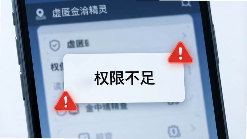 一张手机屏幕显示错误提示框的示意图,背景为虚匿定位精灵的主界面,提示框内容为“权限不足”,周围有红色的警告图标点缀,整体色调偏冷,体现问题排查场景,画质清晰,无多余文字干扰