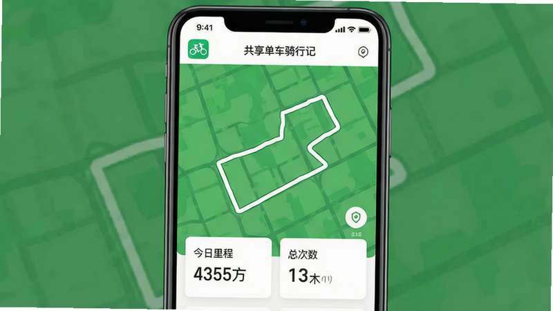 一张高清智能手机应用界面展示图,主体为“共享单车骑行记”APP首页,界面中央显示绿色地图背景上的白色骑行轨迹线,左上角有应用Logo,下方有“今日里程”、“总次数”数据卡片,整体风格清新简约,扁平化设计,无多余装饰,高清,干净,无水印
