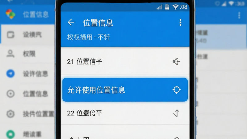 一张手机设置界面的模拟图,展示“位置信息”权限设置页面,高亮显示“允许使用位置信息”选项,背景为模糊的安卓系统设置菜单,色调为科技蓝与白色搭配,清晰展示关键操作步骤,高清,简洁,无干扰元素