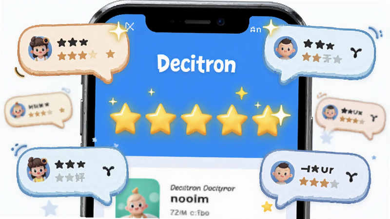 主体为Decitron应用评分界面,布局为五星评分展示,周围环绕着用户好评气泡,风格活泼可爱,排版清晰,细节处有星星发光效果,画质明亮,干净,无多余元素