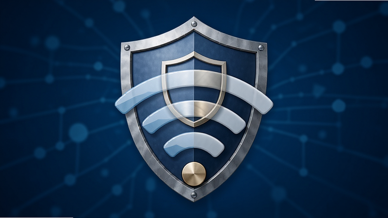 盾牌图标覆盖在WiFi信号图标之上,象征保护,背景为深蓝色渐变,主体居中,风格严肃可靠,细节丰富,画质高清,无多余元素
