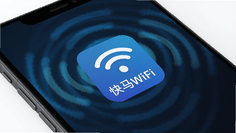 一张展示手机屏幕连接WiFi界面的概念图,主体为一部黑色智能手机,屏幕中央显示大号的