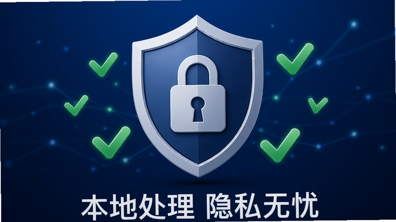 一个盾牌图标位于中心,盾牌内有一个锁的图案,周围环绕着绿色的对勾符号。背景为深蓝色渐变色,象征安全与信任。底部文字标注“本地处理 隐私无忧”。整体设计庄重专业,传达出软件对数据安全的重视,风格简约大气,无杂乱元素,高清渲染