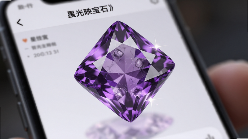 展示《星光映宝石》应用界面细节,特写一颗正在旋转的紫色菱形宝石,背景虚化处理突出主体,布局紧凑,排版聚焦于宝石表面的高光反射点,风格写实与梦幻结合,细节清晰可见宝石内部的纹理结构,画质高清,干净无杂乱背景