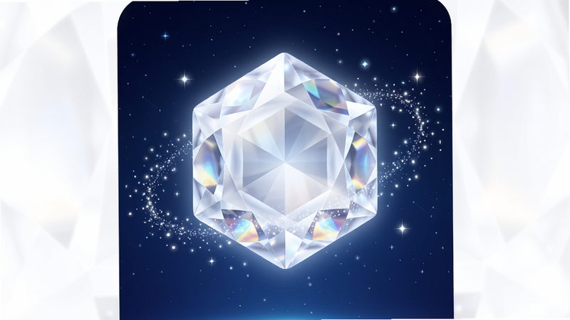 主体为《星光映宝石》安卓应用的高清宣传海报,背景是深蓝色星空渐变,中央悬浮着一颗巨大的、散发着柔和白光的六边形水晶宝石,周围环绕着细小的光点和粒子特效,布局居中对称,排版简洁大气,风格梦幻唯美且科技感十足,细节丰富展现宝石内部折射的光芒,画质8k超清,干净无多余元素