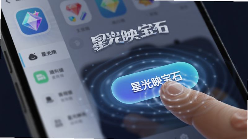 一只手指正在点击《星光映宝石》应用界面上的一个发光按钮,背景是模糊的应用主菜单,布局突出交互动作,排版动态感强,风格现代简约,细节展现指尖触碰瞬间产生的涟漪特效,画质清晰,干净无多余干扰元素