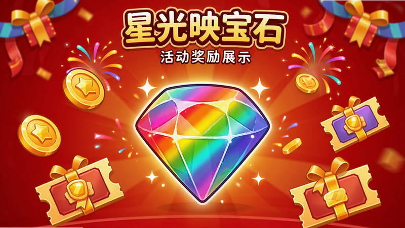 《星光映宝石》活动奖励展示界面,中央是一颗闪耀的彩虹色宝石,周围环绕着金币和礼券图标,背景为喜庆的红色渐变,布局充满节日氛围,排版热闹欢快,风格卡通可爱,细节展现礼花飞溅的效果,画质鲜艳,干净无遮挡