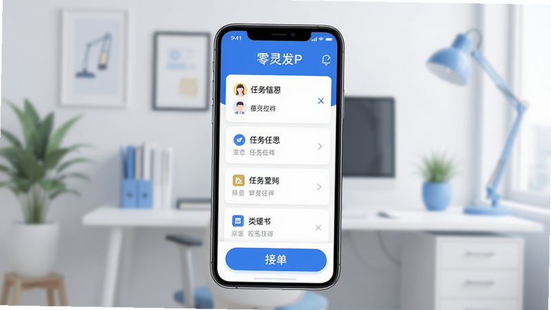一张展示零灵发APP主界面的高清设计图,主体为手机屏幕,显示任务列表和接单按钮,背景为简洁的办公场景,风格现代扁平化,色调以蓝色和白色为主,文字清晰,画质4k,无多余元素