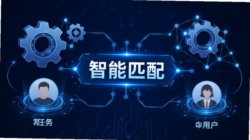 零灵发APP的智能匹配功能示意图,展示算法连接任务与用户的概念图,包含齿轮、网络连接线等元素,风格科技感强,蓝色调,文字标注