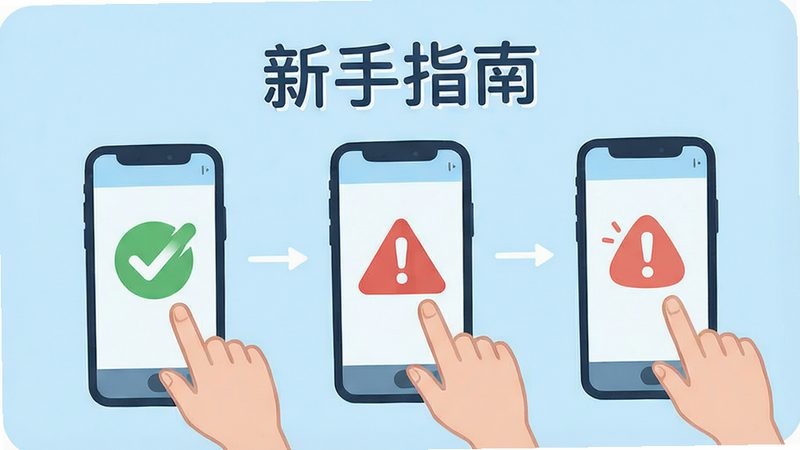 零灵发APP新手教程插图,展示手指点击手机屏幕的简化步骤图,包含对勾、警告标志等元素,风格清新,浅蓝色背景,文字