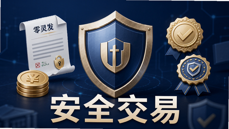 零灵发APP的安全保障功能宣传图,盾牌图标位于中心,周围环绕合同、货币、认证徽章等元素,风格稳重可靠,深蓝色背景,文字