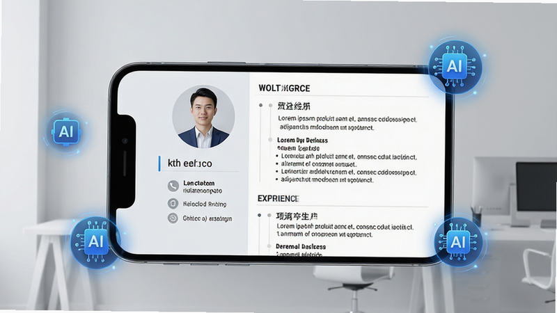 一张展示AI简历模版软件界面的高清图片,主体为手机屏幕,屏幕上显示着一份排版精美、布局清晰的现代商务风格简历,左侧是个人头像和联系方式,右侧是工作经历和项目经验,背景为浅灰色极简办公场景,周围漂浮着几个代表AI技术的蓝色光效图标,整体色调清新专业,质感细腻,无多余装饰元素,4k分辨率,干净,无多余元素
