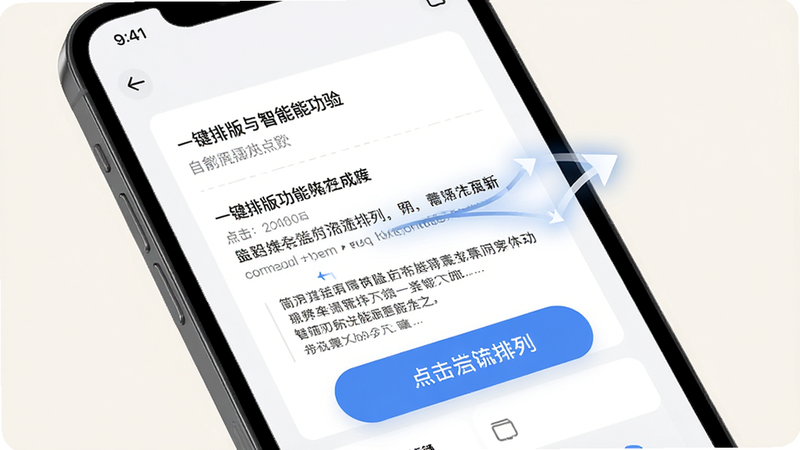 手机界面展示一键排版功能按钮,点击后简历内容自动重新排列,箭头指示内容流动方向,背景为浅色,界面简洁,突出自动化与智能化的操作体验,无多余图标,清晰直观,高清