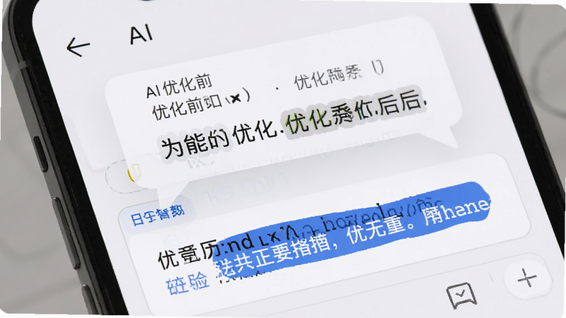 手机应用界面特写,显示文本编辑框,上方有AI建议气泡,气泡中显示优化前后的对比文本,优化后文本高亮显示,背景为白色简洁UI,界面元素清晰,字体清晰可读,展示智能优化过程,风格现代简约,无杂色,高清