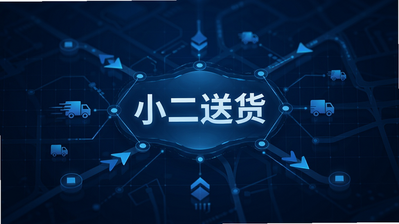 抽象化的数据流与地图路线结合的科技感图像,中心显示“小二送货”字样,周围有动态的导航箭头和节点连接,象征智能调度。背景为深蓝色科技网格,光线柔和,主体突出,布局中心对称,风格现代简约,细节精致,画质清晰,干净无杂乱线条