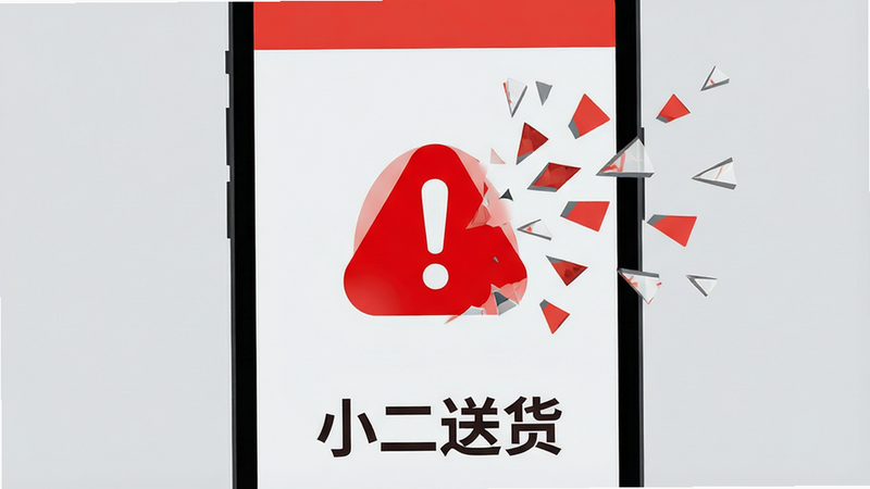 一个手机屏幕出现闪退错误提示的示意图,背景为浅灰色,屏幕中央有一个红色感叹号图标,周围有碎片飞散的效果,象征软件崩溃。下方有“小二送货”字样。风格为扁平化错误提示设计,色彩警示性强,布局简洁,细节突出错误状态,画质清晰,干净无其他干扰