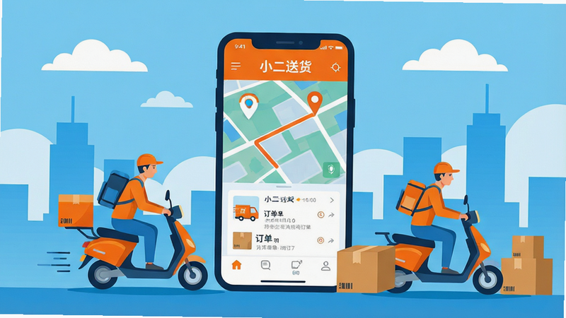 一张展示现代城市物流场景的高清插画,画面中心是一个巨大的智能手机屏幕,屏幕上显示着名为“小二送货”的应用界面,界面包含地图路线和订单列表。周围环绕着正在奔跑的快递员、电动车和打包好的包裹。背景是简洁的蓝天白云和城市剪影。风格为扁平化矢量插画,色彩以橙色和蓝色为主,象征活力与科技。主体清晰,布局均衡,排版简洁,细节丰富,画质高清,干净无多余元素