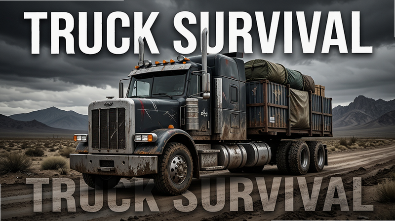 主体为Truck Survival游戏主界面,布局中心是一辆满载货物的重型卡车停在荒凉的土路上,背景是阴沉的天空和远处的山脉,排版简洁大气,风格写实硬朗,细节丰富展现车轮泥渍与车身划痕,画质高清,干净无多余元素,文字“Truck Survival”清晰醒目