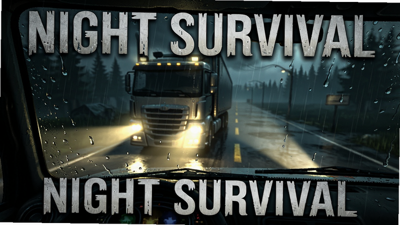 主体为Truck Survival游戏在暴雨夜间的场景,布局展现卡车车灯照亮前方湿滑路面,排版具有纵深感,风格阴郁神秘,细节描绘雨滴打在挡风玻璃上的水珠与车灯光束穿透雨幕的效果,画质细腻,干净无干扰元素,文字“Night Survival”作为装饰元素