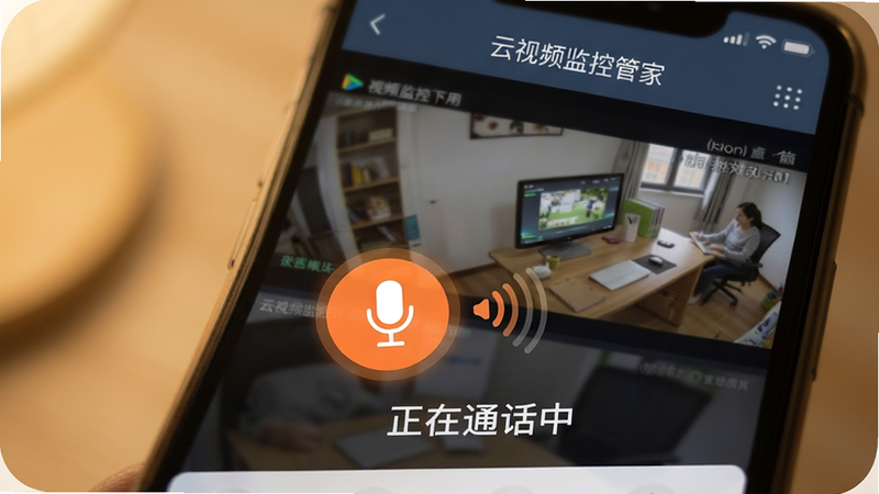 手机界面显示“云视频监控管家”对讲页面,麦克风图标高亮闪烁,旁边有音量波纹动画,背景为监控画面的一角,文字“正在通话中”清晰可见,风格温馨实用,细节柔和,画质高