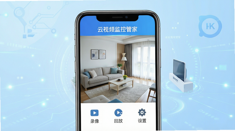 一张展示“云视频监控管家”APP界面的高清宣传图,主体为手机屏幕,屏幕内显示客厅实时监控画面,界面顶部有“云视频监控管家”标题,底部有“录像”、“回放”、“设置”三个图标,背景为浅蓝色科技感渐变,风格现代简约,细节清晰,画质4K,干净无多余元素