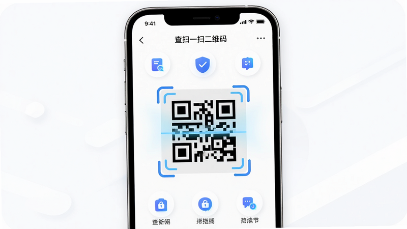 主体为一款名为“查扫一扫二维码”的手机APP界面展示,布局清晰,中央显示正在扫描的二维码框,周围环绕着简洁的功能图标,排版整洁有序,风格现代极简,细节处体现科技感与安全性,画质高清,干净无多余元素